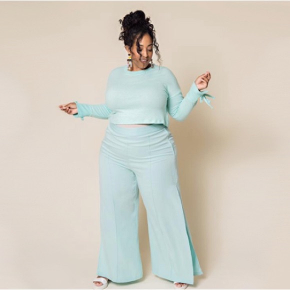 Mint Green Side Snap Wide Leg Pants - Picture 2 of 14